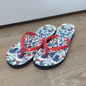 Tory Burch Floral Flip Flops with Red Straps